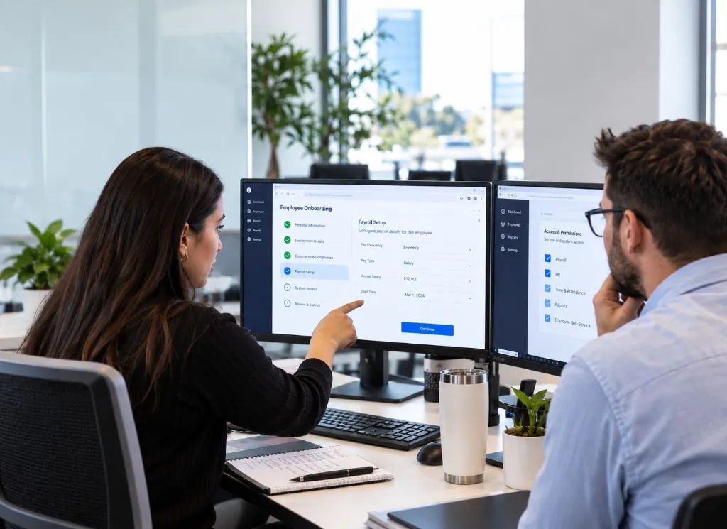 PayrollPro onboarding: HR leads reviewing employee setup and permissions.